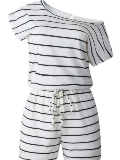 Striped Short Sleeve Drawstring Waist Romper Striped Short Sleeve Drawstring Waist Romper