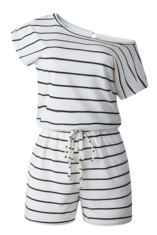 Striped Short Sleeve Drawstring Waist Romper - Image 5