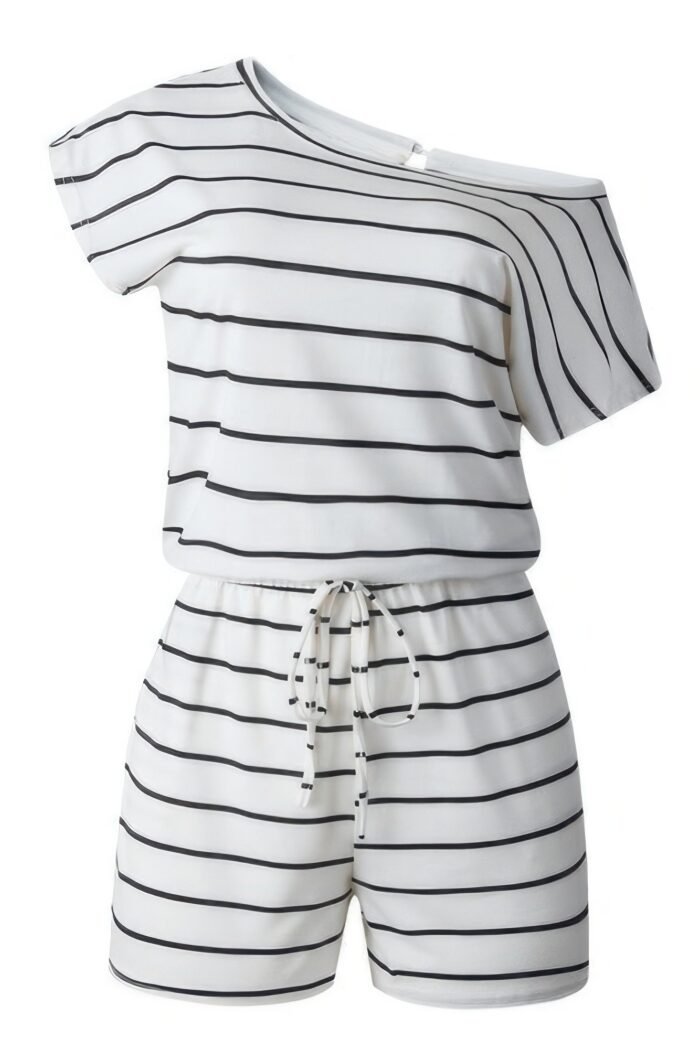 Striped short sleeve drawstring waist romper - image 5