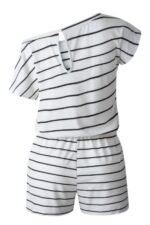 Striped Short Sleeve Drawstring Waist Romper - Image 6