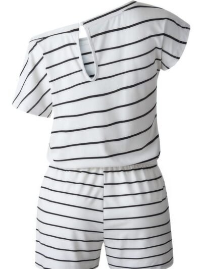 Striped Short Sleeve Drawstring Waist Romper Striped Short Sleeve Drawstring Waist Romper
