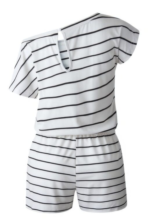 Striped Short Sleeve Drawstring Waist Romper - Image 6