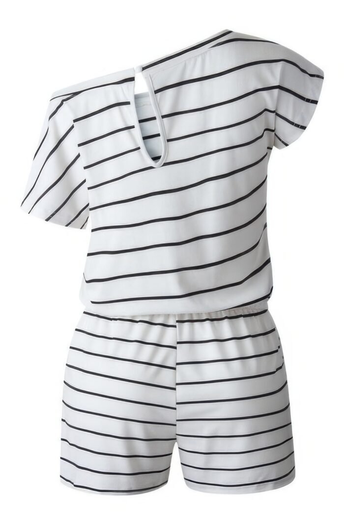 Striped short sleeve drawstring waist romper - image 6