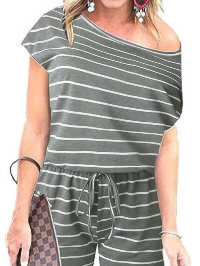 Striped Short Sleeve Drawstring Waist Romper Striped Short Sleeve Drawstring Waist Romper