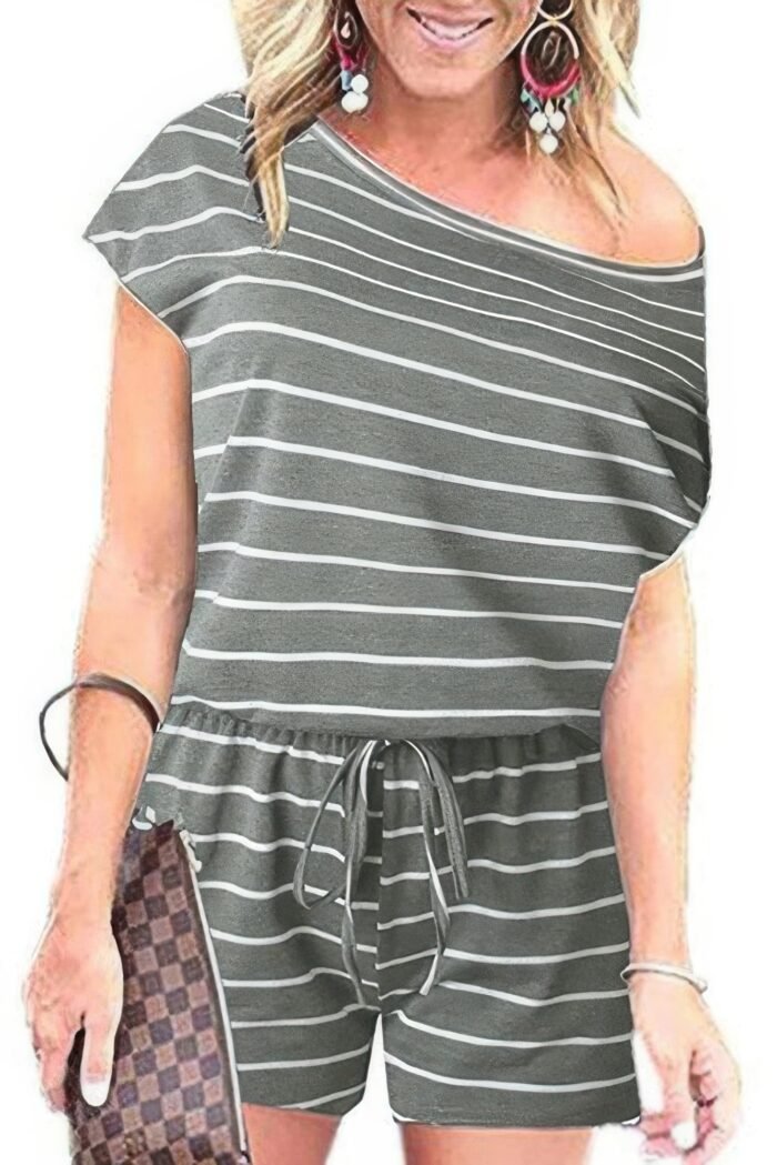 Striped short sleeve drawstring waist romper - image 7
