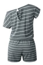 Striped Short Sleeve Drawstring Waist Romper - Image 8