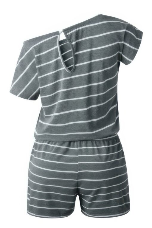 Striped Short Sleeve Drawstring Waist Romper - Image 8