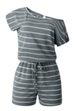 Striped Short Sleeve Drawstring Waist Romper - Image 9