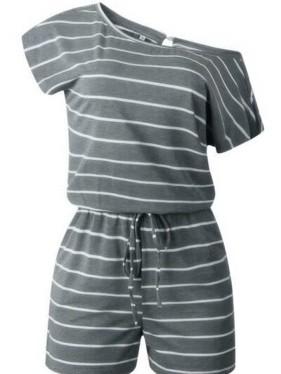 Striped Short Sleeve Drawstring Waist Romper Striped Short Sleeve Drawstring Waist Romper