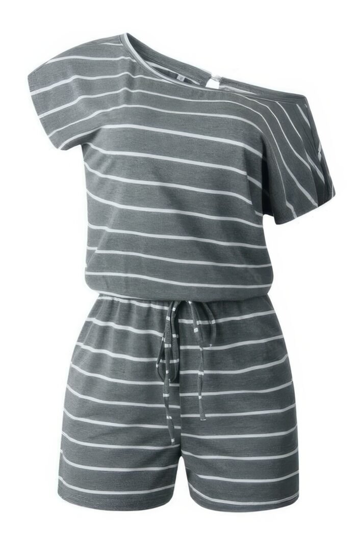 Striped short sleeve drawstring waist romper - image 9
