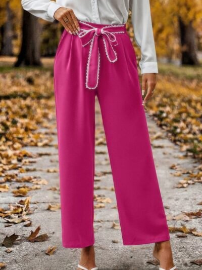 Straight Leg Elastic High Waist Lace Tie Trim Pant