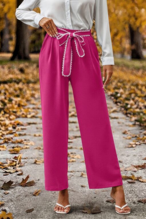 Straight Leg Elastic High Waist Lace Tie Trim Pant