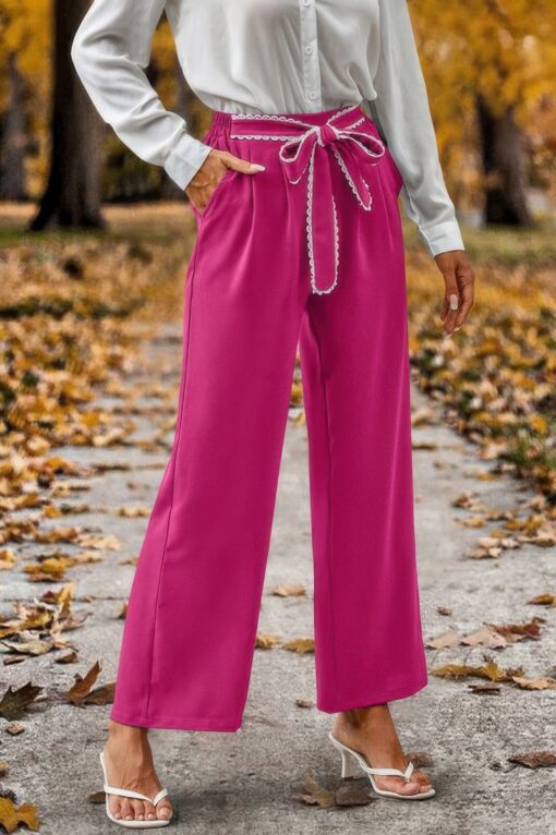 Straight Leg Elastic High Waist Lace Tie Trim Pant - Image 2