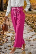 Straight Leg Elastic High Waist Lace Tie Trim Pant