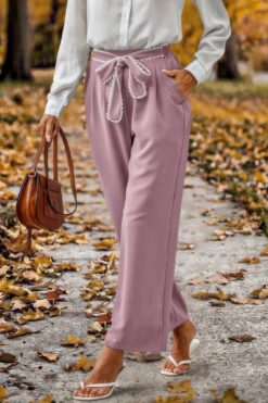 Straight Leg Elastic High Waist Lace Tie Trim Pant