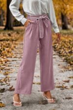 Straight Leg Elastic High Waist Lace Tie Trim Pant