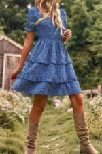 Floral Print Off Shoulder Flounce Sleeve Ruffle Hem Dress