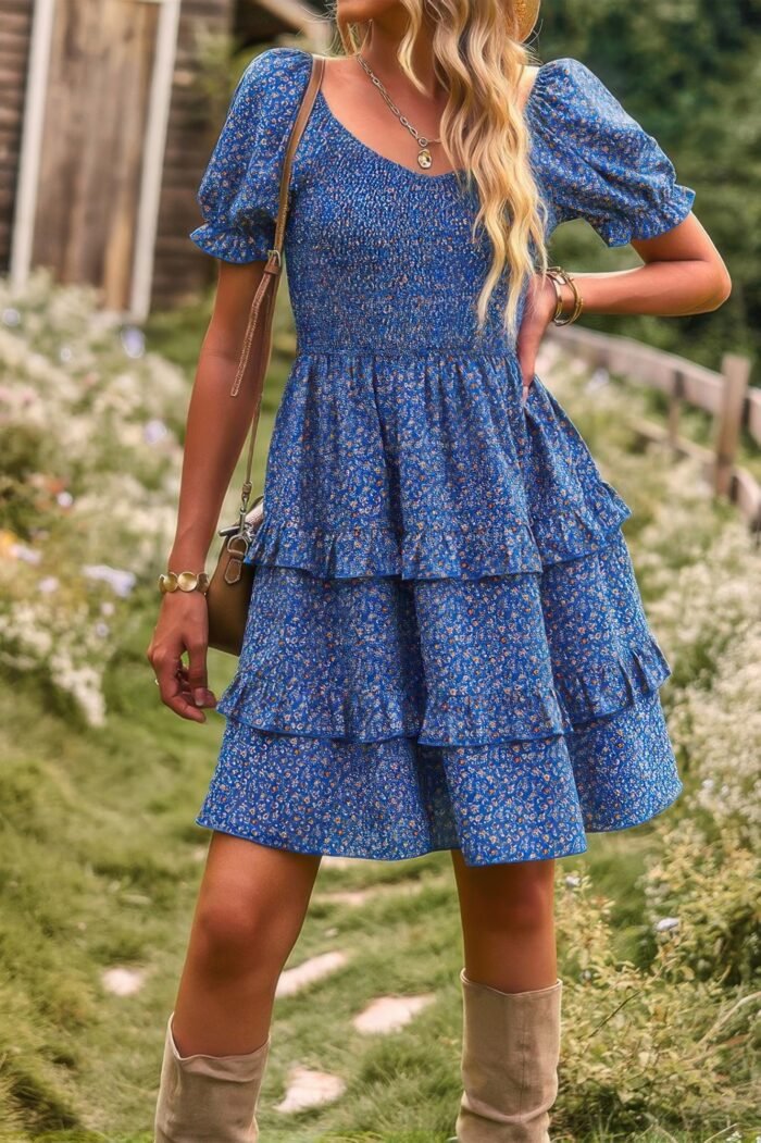 Floral Print Off Shoulder Flounce Sleeve Ruffle Hem Dress - Image 2