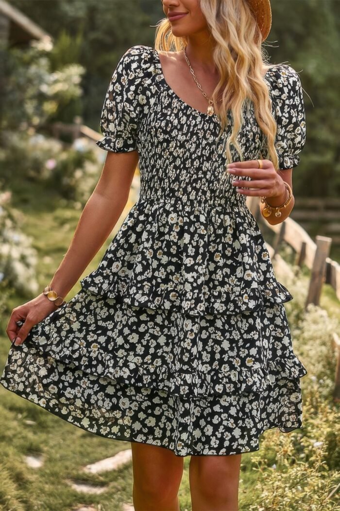 Floral Print Off Shoulder Flounce Sleeve Ruffle Hem Dress - Image 3