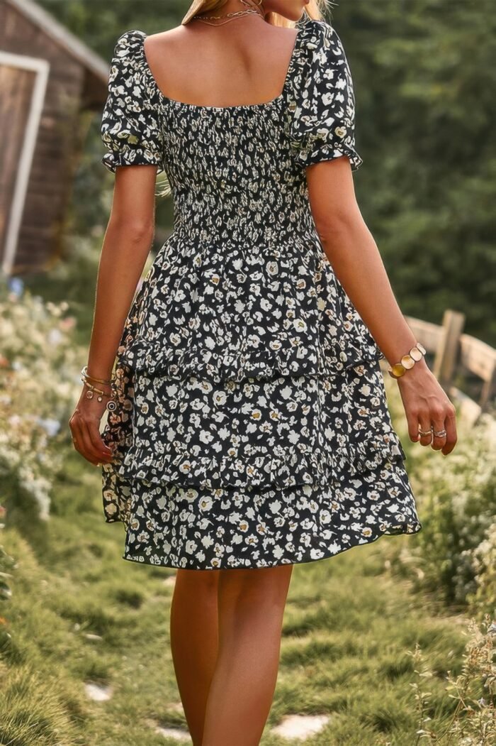 Floral Print Off Shoulder Flounce Sleeve Ruffle Hem Dress - Image 4