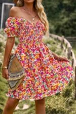 Floral Print Off Shoulder Flounce Sleeve Ruffle Hem Dress