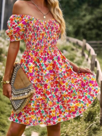 Floral Print Off Shoulder Flounce Sleeve Ruffle Hem Dress