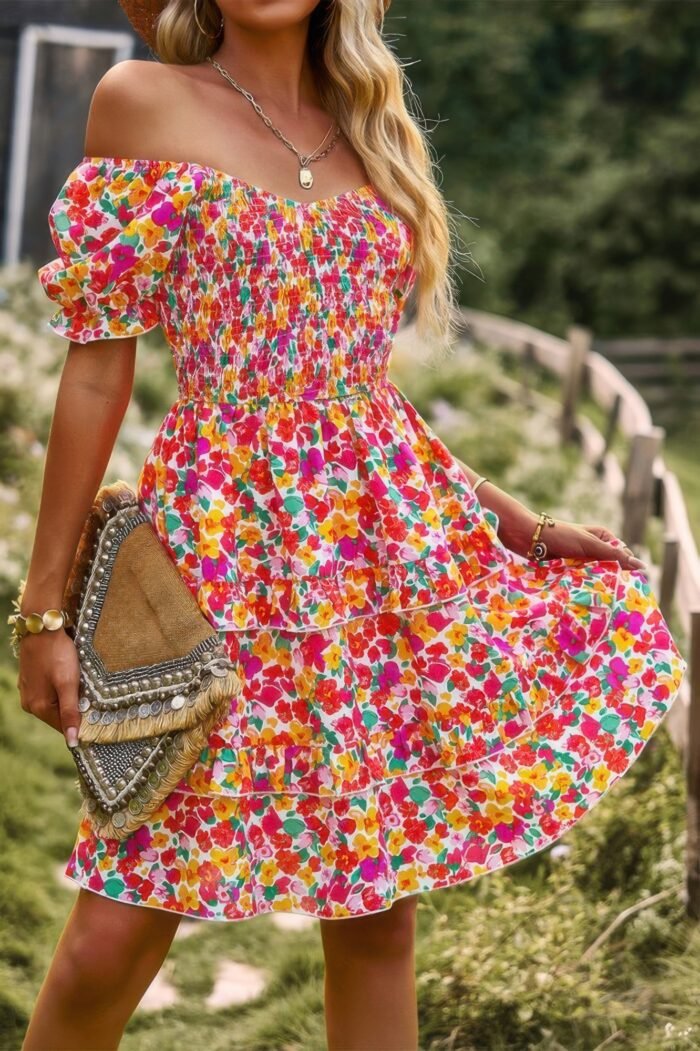 Floral Print Off Shoulder Flounce Sleeve Ruffle Hem Dress - Image 5