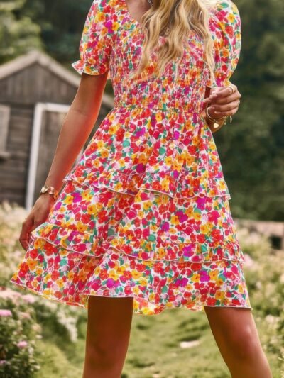 Floral Print Off Shoulder Flounce Sleeve Ruffle Hem Dress