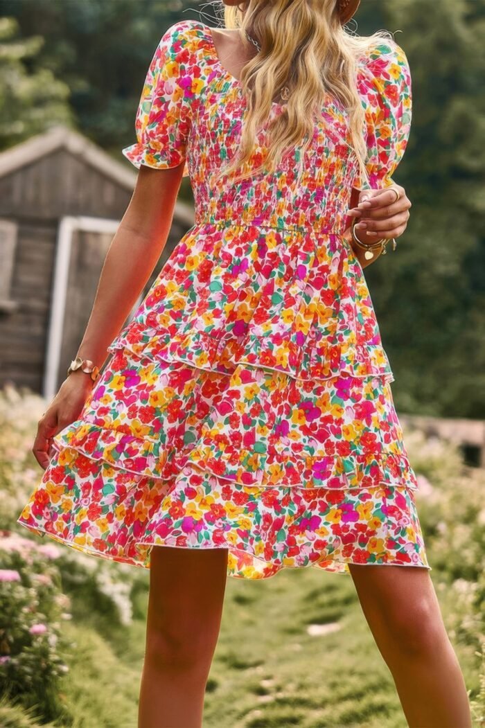 Floral Print Off Shoulder Flounce Sleeve Ruffle Hem Dress - Image 6