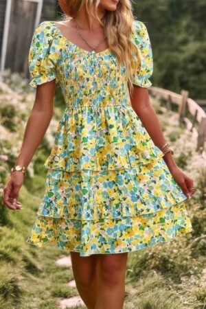 Floral Print Off Shoulder Flounce Sleeve Ruffle Hem Dress