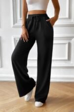 Solid Pockets Elastic Waist Loose Straight Pants
