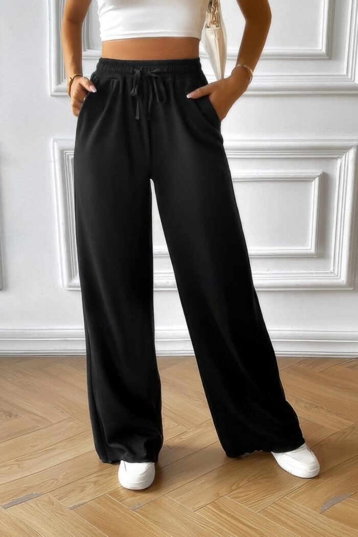 Solid pockets elastic waist loose straight pants - image 2
