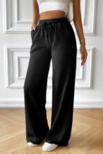 Solid Pockets Elastic Waist Loose Straight Pants - Image 3