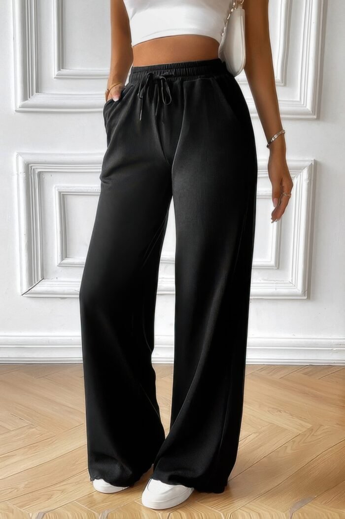 Solid pockets elastic waist loose straight pants - image 3