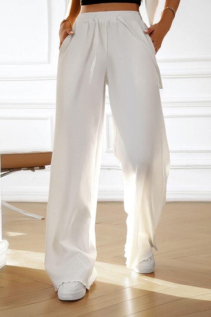 Solid pockets elastic waist loose straight pants - image 4