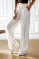 Solid Pockets Elastic Waist Loose Straight Pants - Image 5