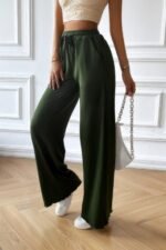 Solid Pockets Elastic Waist Loose Straight Pants - Image 8