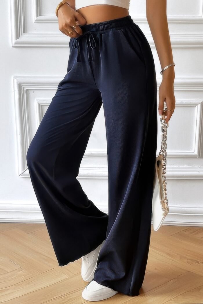 Solid pockets elastic waist loose straight pants - image 12
