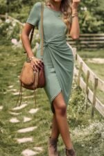 Solid Short Sleeve Twisted Split Fit Midi Dress - Image 6