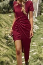 Solid Short Sleeve Twisted Split Fit Midi Dress - Image 7