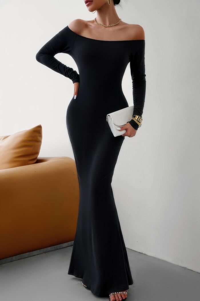 Solid elastic off shoulder bodycon long sleeve dress - image 1