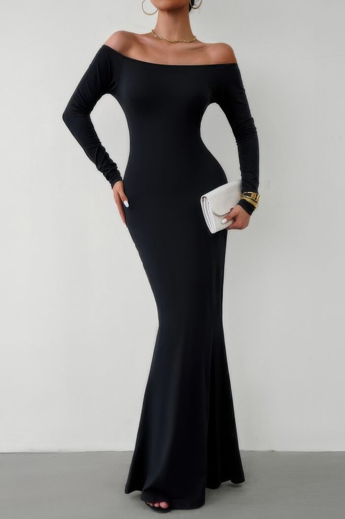 Solid elastic off shoulder bodycon long sleeve dress - image 2