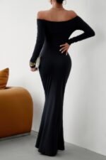 Solid Elastic Off Shoulder Bodycon Long Sleeve Dress - Image 3