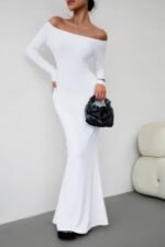 Solid Elastic Off Shoulder Bodycon Long Sleeve Dress - Image 4