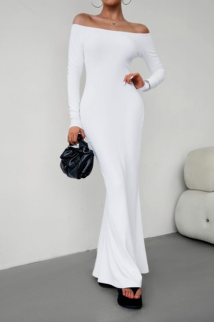 Solid elastic off shoulder bodycon long sleeve dress - image 5
