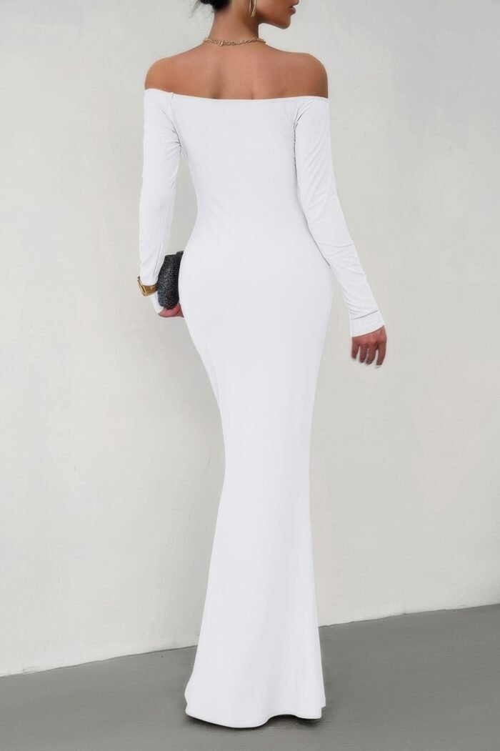 Solid elastic off shoulder bodycon long sleeve dress - image 6