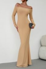 Solid Elastic Off Shoulder Bodycon Long Sleeve Dress - Image 7