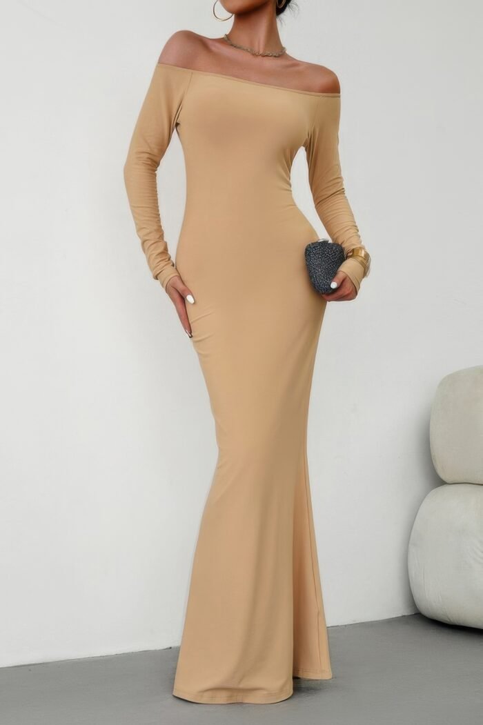 Solid elastic off shoulder bodycon long sleeve dress - image 7
