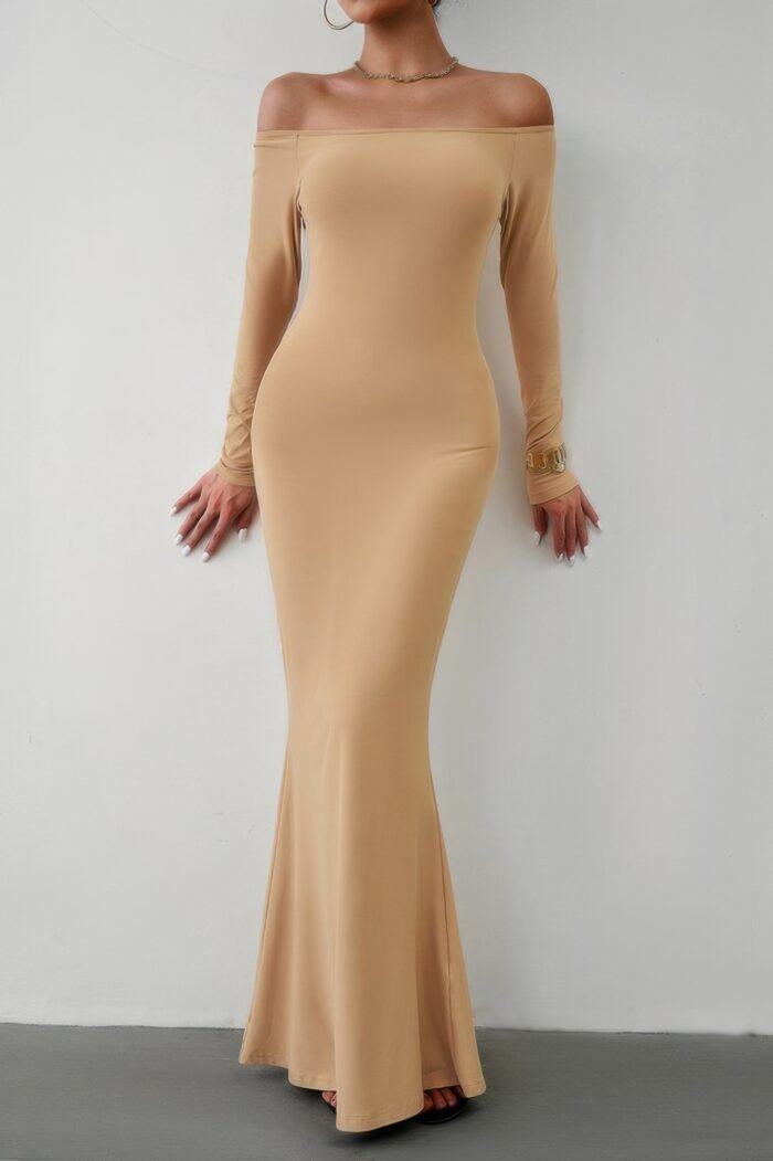 Solid elastic off shoulder bodycon long sleeve dress - image 8