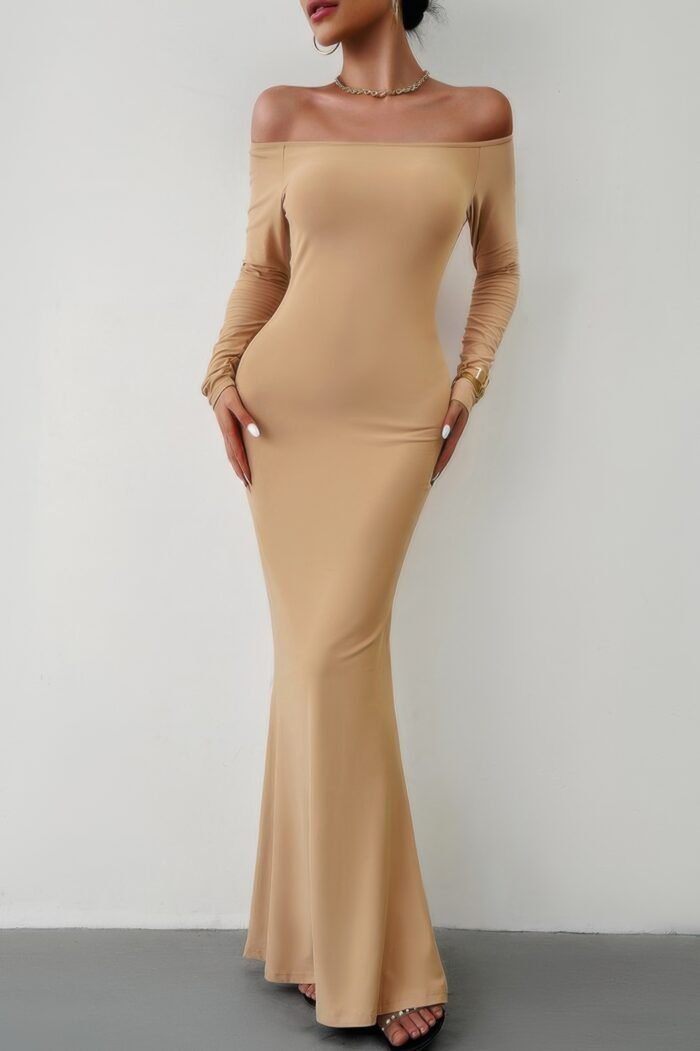 Solid elastic off shoulder bodycon long sleeve dress - image 9